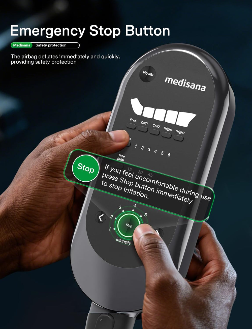 Emergency stop safety feature on the Medisana leg massager.