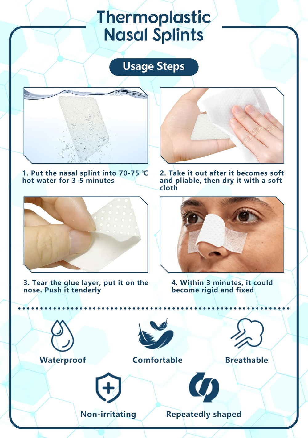 Mediss thermoplastic nasal splints stable design with repeated molding.