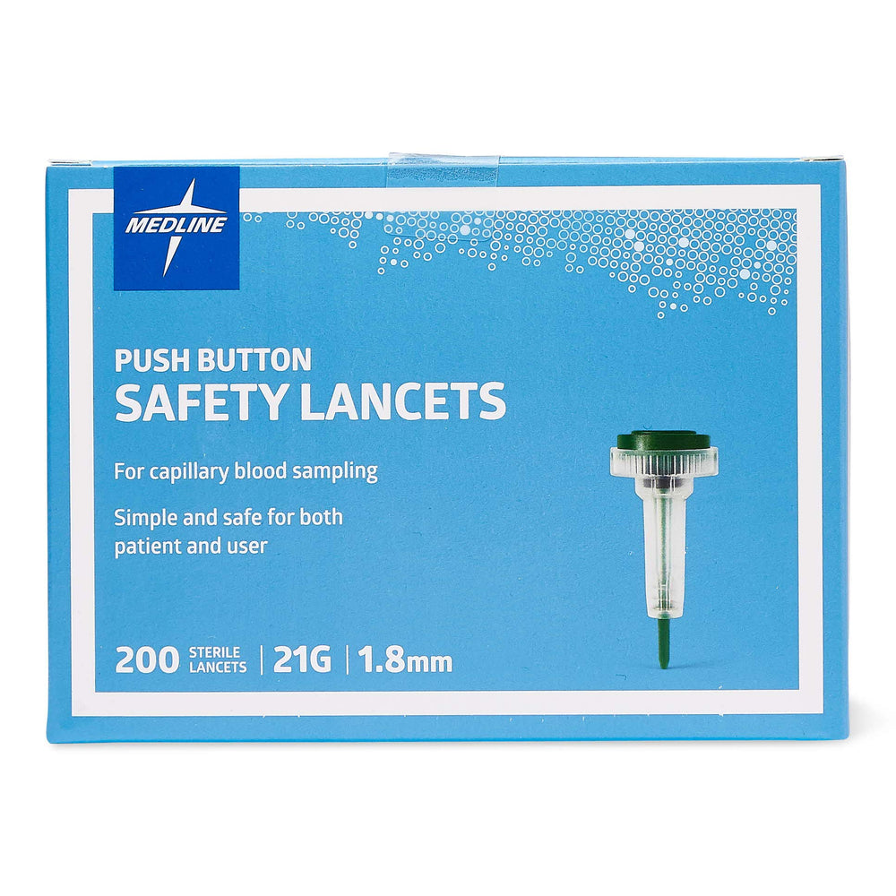 Medline 21G 1.8mm lancet showing spring-loaded action for smooth puncture.