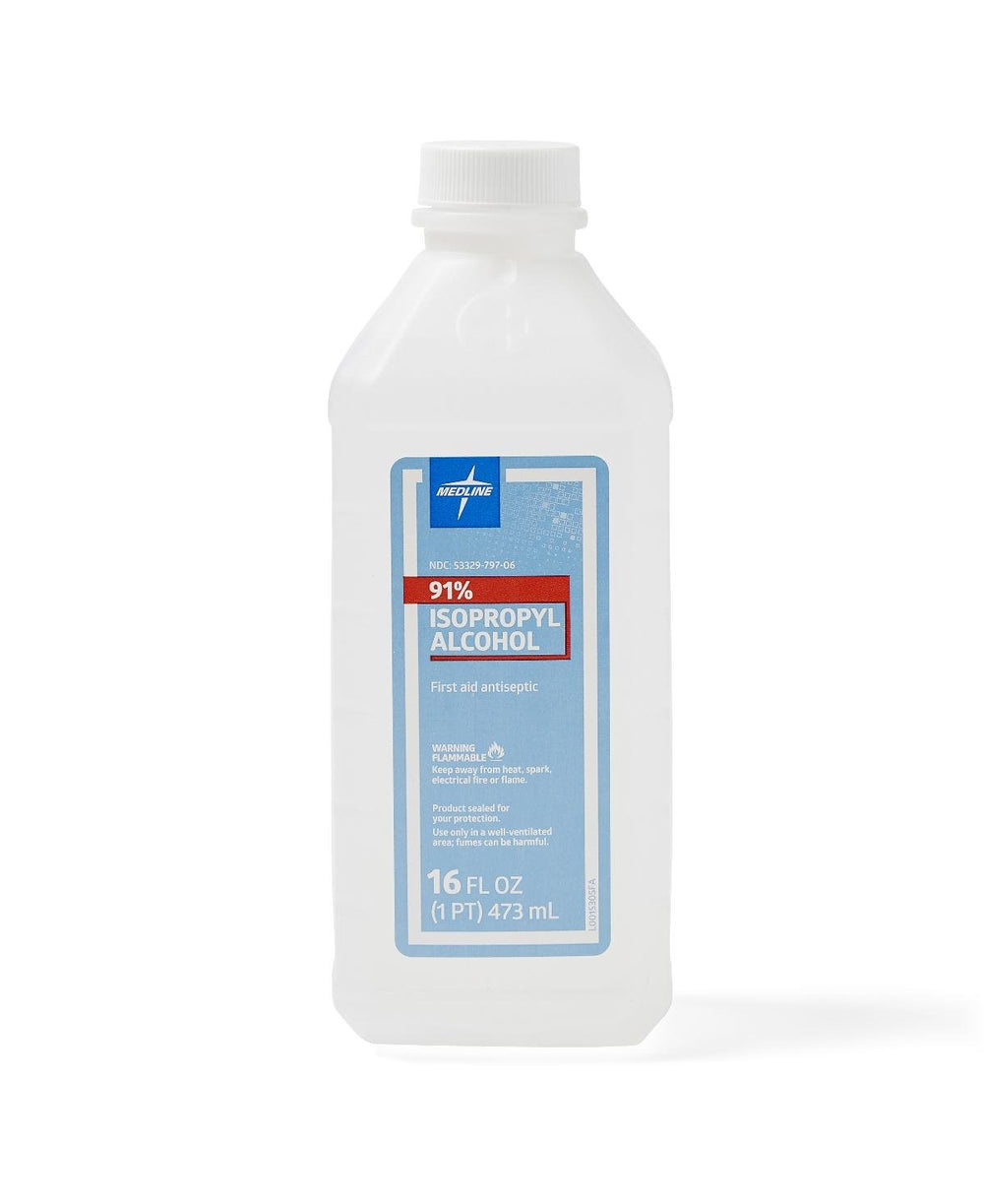 Medline 91% Isopropyl rubbing alcohol bottle 16 oz for quick-drying first aid antiseptic