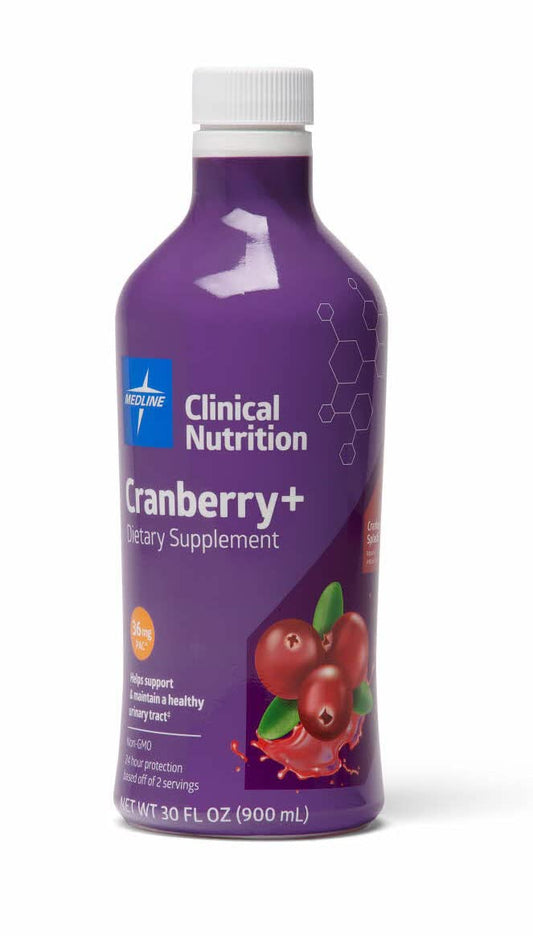 Medline Cranberry+ liquid urinary supplement bottle supports urinary health with convenient dosing.