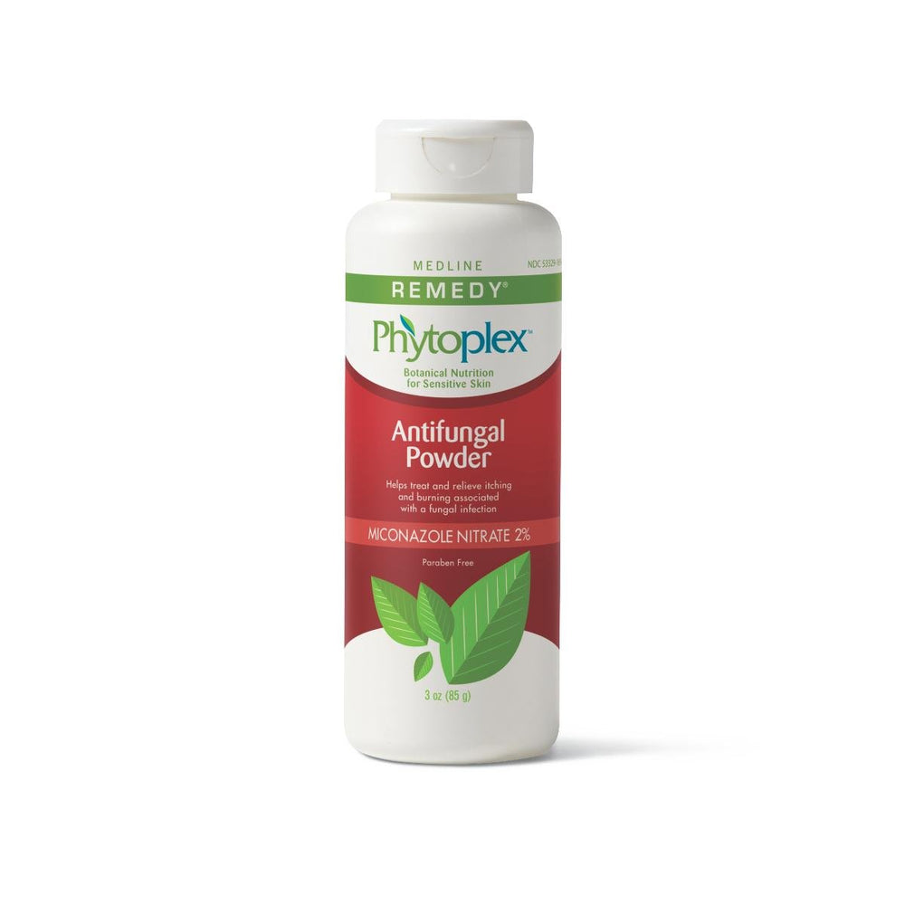 Medline Phytoplex antifungal powder bottle shows talc-free formula helps keep feet dry and comfortable.