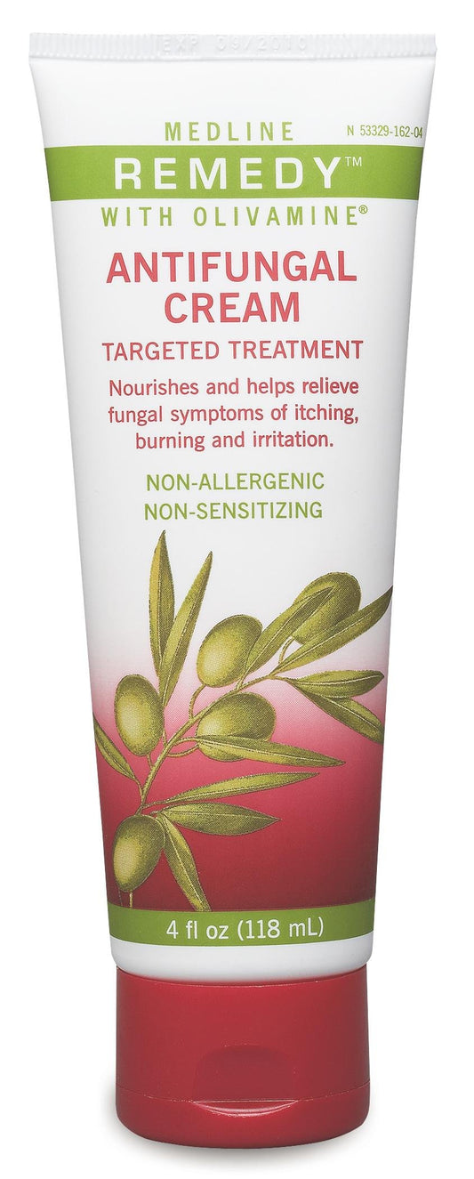 Medline Remedy Olivamine antifungal cream bottle offers soothing relief for irritated skin.