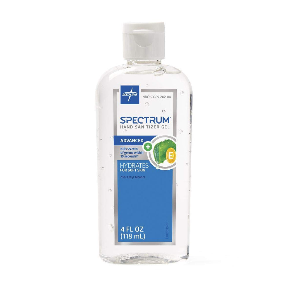 Medline Spectrum Advanced Gel Hand Sanitizer bottle front view showing quick drying and skin-friendly formula