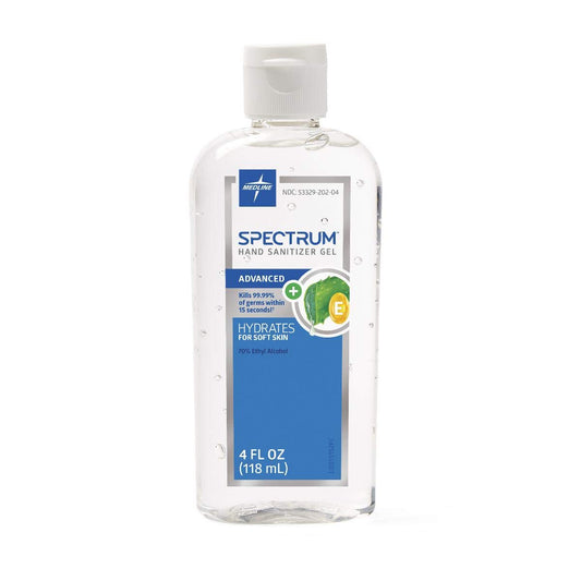 Medline Spectrum Advanced Gel Hand Sanitizer bottle front view showing quick drying and skin-friendly formula