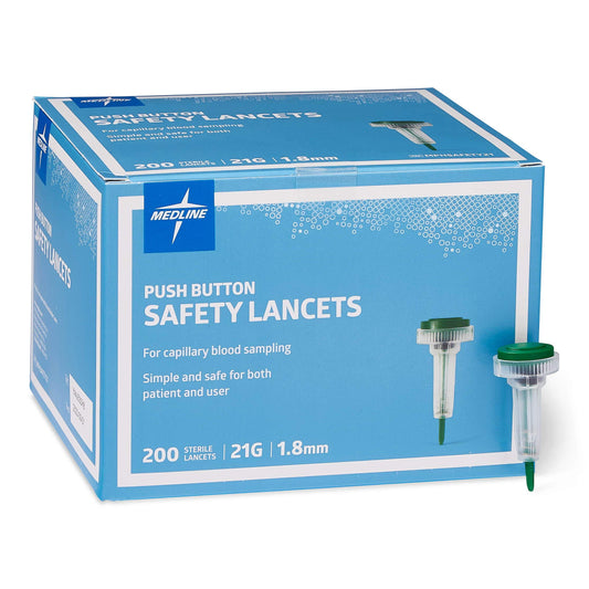 Medline sterile safety lancets with push-button activation for safe blood sampling.
