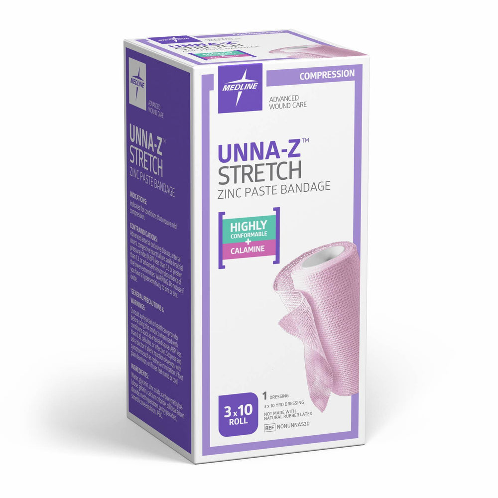 Medline Unna-Z stretch bandage with calamine during gentle application for conformable support.