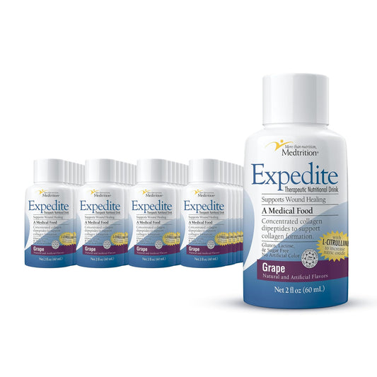 Medtrition Expedite Liquid Collagen grape bottle, ready for bedside recovery support.