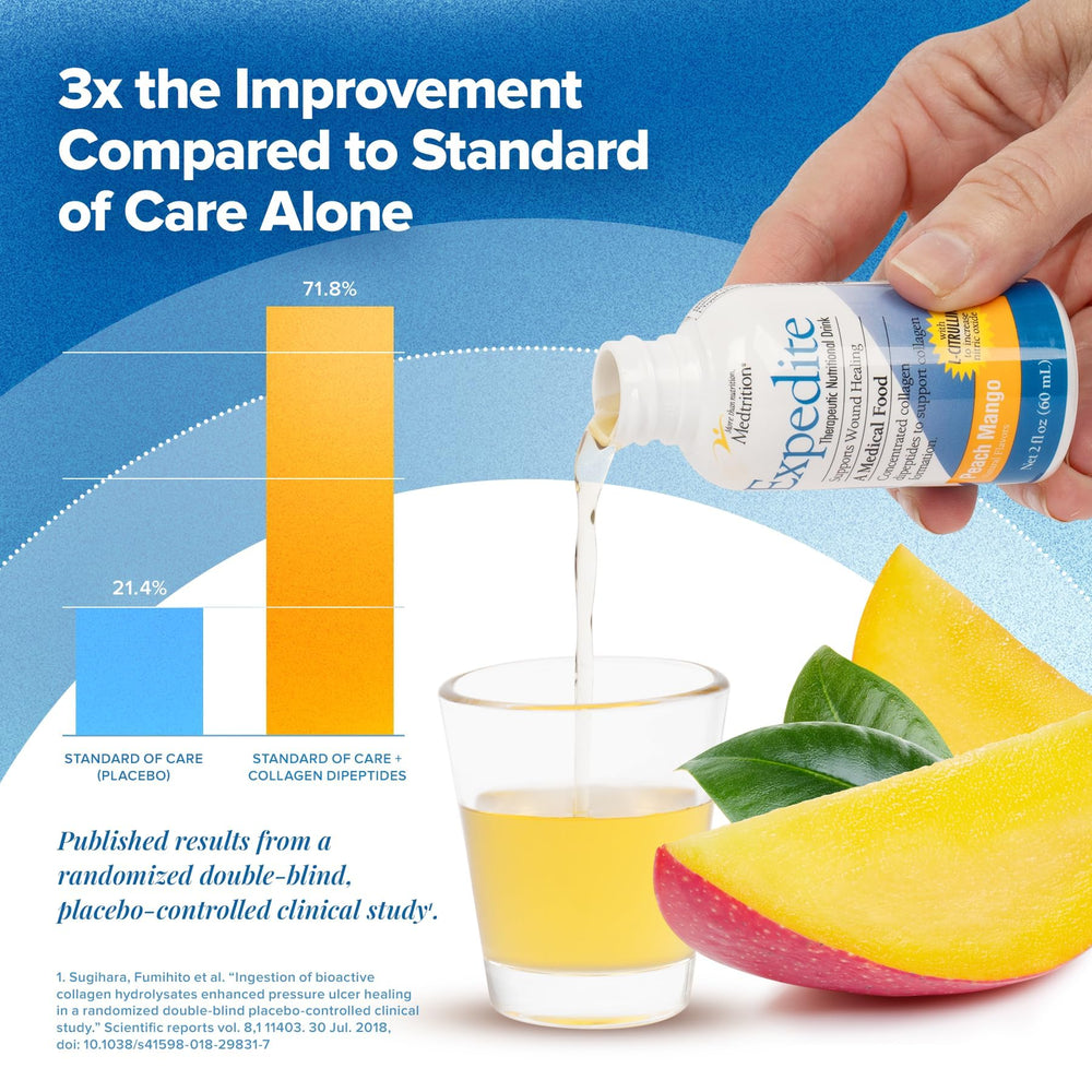 Medtrition Expedite liquid collagen bottle on nightstand during recovery routine