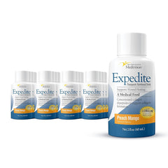 Medtrition Expedite peach mango liquid collagen 2oz bottle on kitchen counter for daily recovery use