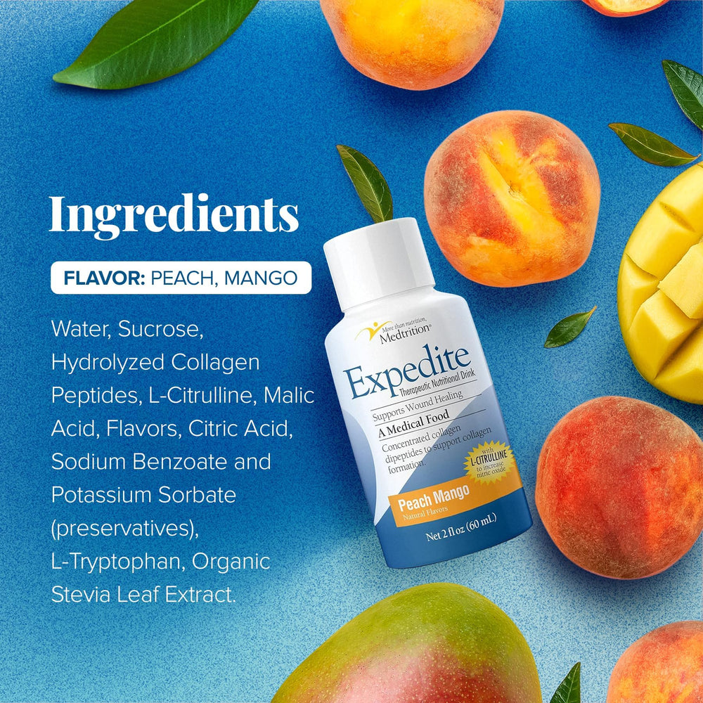 Medtrition Expedite peach mango label on bottle, inviting flavor for daily intake