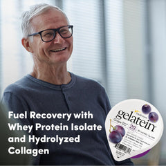 Medtrition Gelatein Grape nutrition label emphasizes 20 g protein per serving.