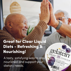 Medtrition Gelatein Grape liquid-mix demonstrates clear liquids friendly protein option.
