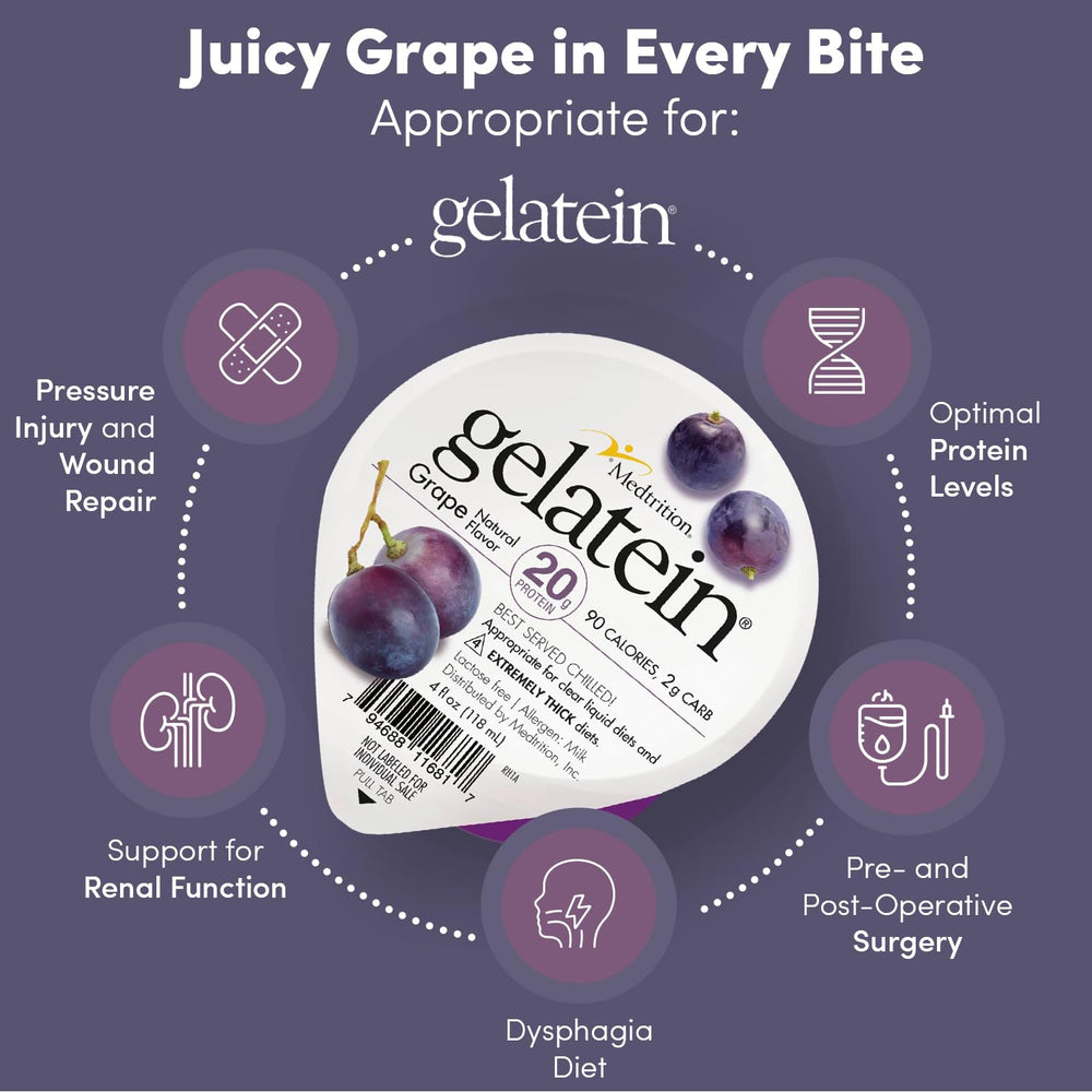 Medtrition Gelatein Grape 12-pack packaging for convenient medical nutrition supply.