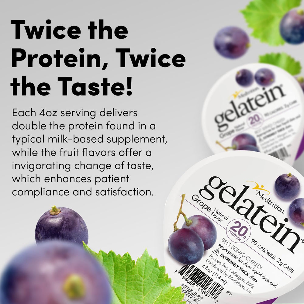 Medtrition Gelatein Grape spoon dispense illustrates precise, smooth serving for dysphagia.