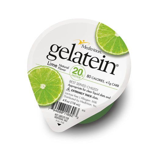 Medtrition Gelatein Lime bottle on display, high-protein option for clear liquid diets.