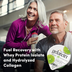 Close-up label detail emphasizes sugar-free and high-protein features.