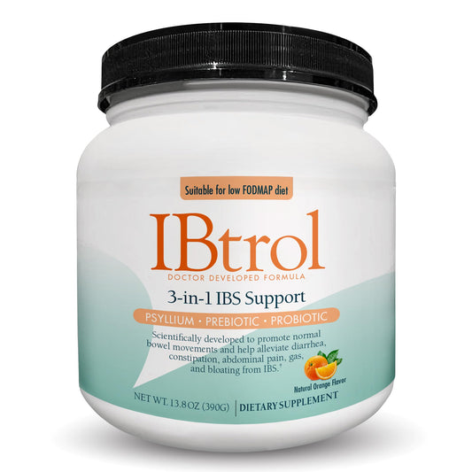 Medtrition IBtrol bottle label showing triple-therapy IBS support for daily comfort.