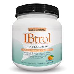 Medtrition IBtrol bottle label showing triple-therapy IBS support for daily comfort.