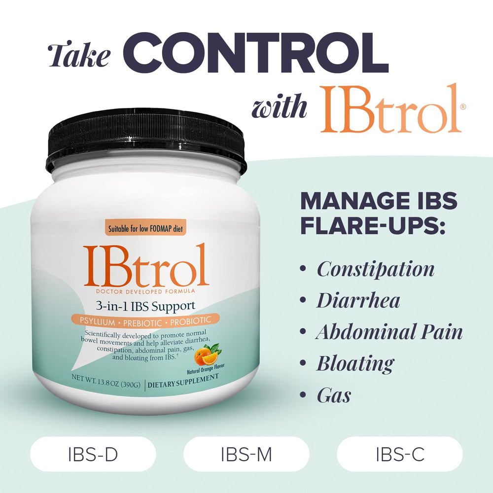 IBtrol capsules offer a triple-therapy approach with psyllium, prebiotic, and probiotic.