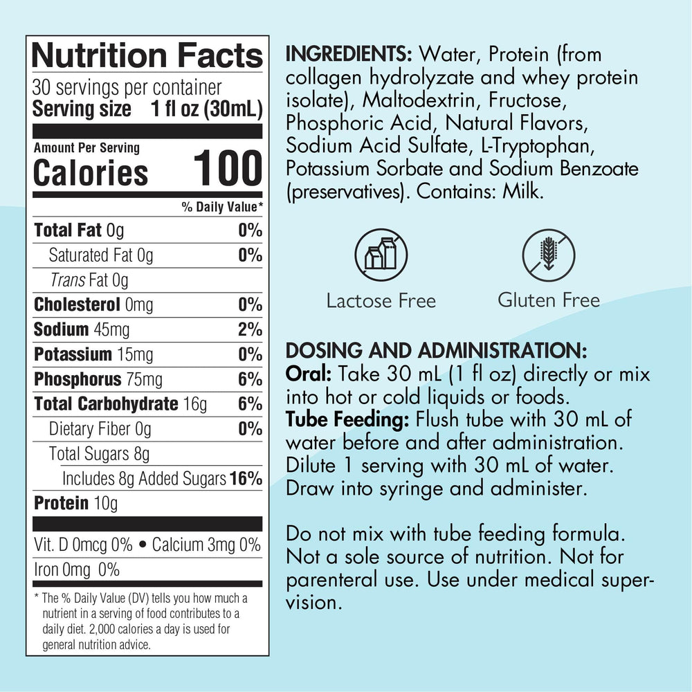 Medtrition Prosource liquid protein bottle with beverage demonstrates convenient protein boost.