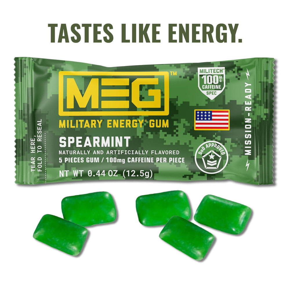 MEG Military Energy Gum spearmint piece close-up highlighting fast absorption