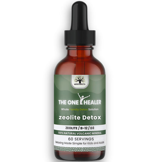 MEGA HEALTH The One Healer Zeolite Detox bottle shown for easy at-home detox routines.