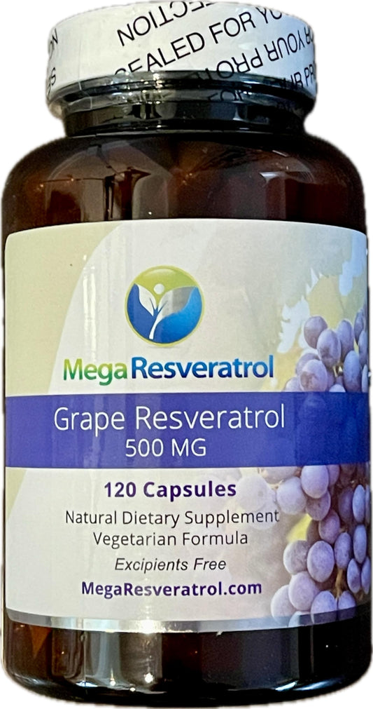 Mega Resveratrol grape bottle shows high-absorption formula for daily vitality.