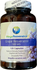 Mega Resveratrol grape bottle shows high-absorption formula for daily vitality.