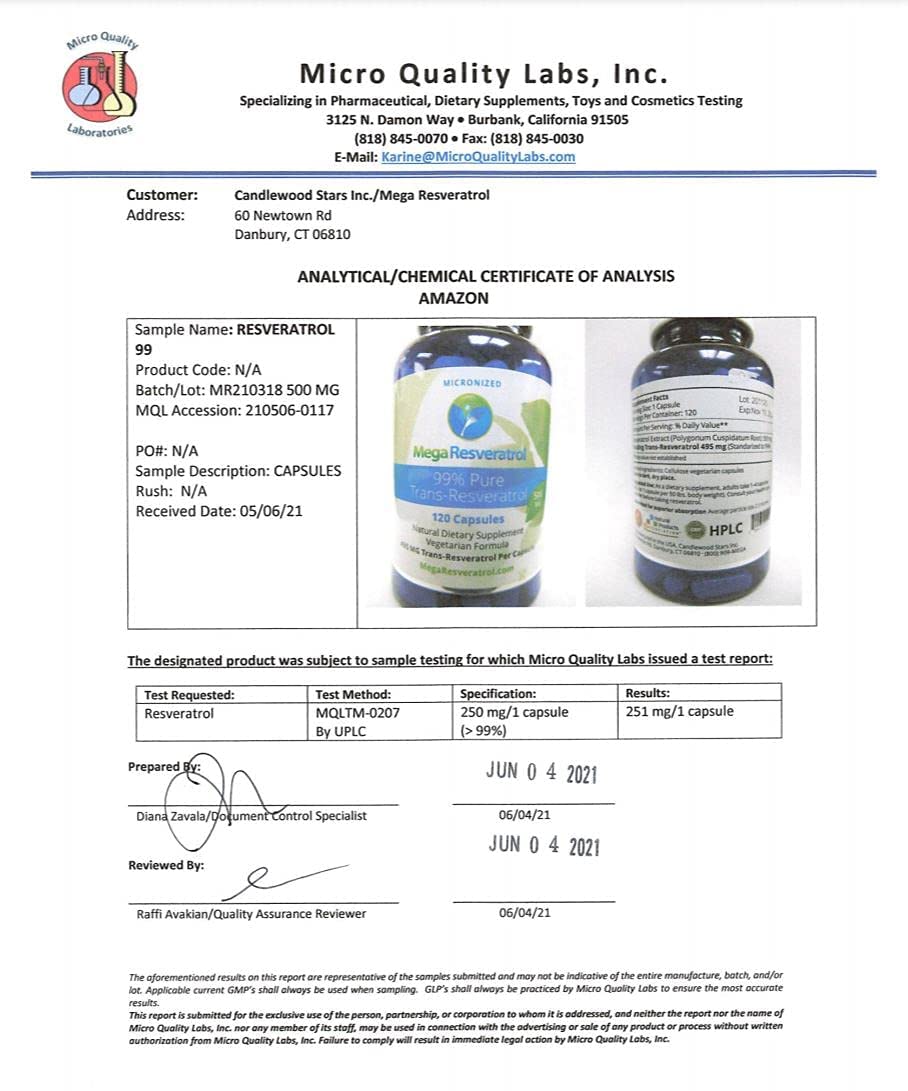 Mega Resveratrol lab certification badge indicates quality.