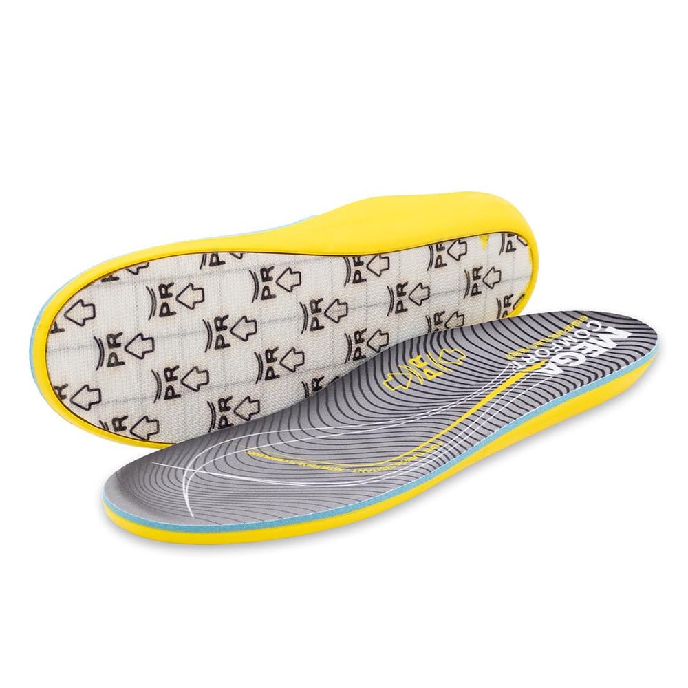 MEGAComfort puncture-resistant insoles in packaging emphasize durable protection for work days.