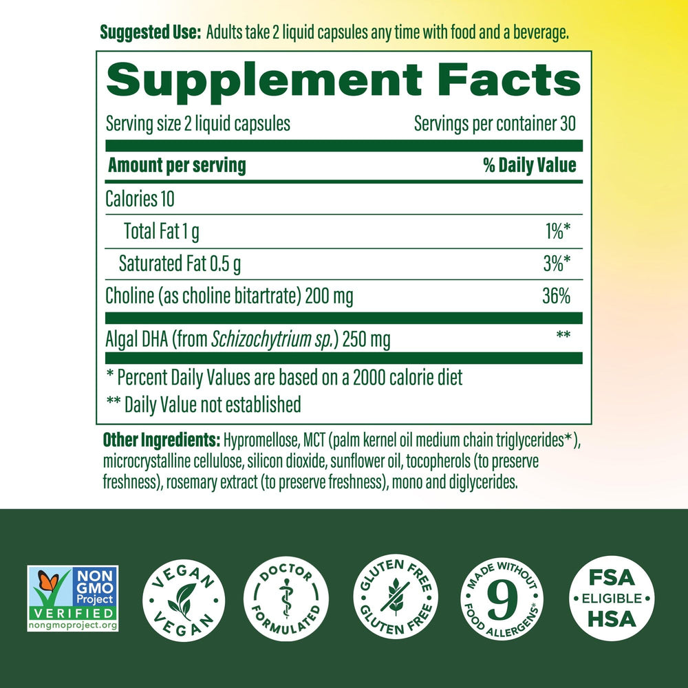Liquid DHA bottle close-up highlighting algae-derived DHA for baby development.