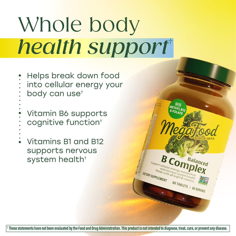 MegaFood Balanced B Complex label confirms vegan, gluten-free, and non-GMO attributes.