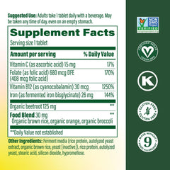 MegaFood Blood Builder tablets closeup showing 26 mg iron per serving.