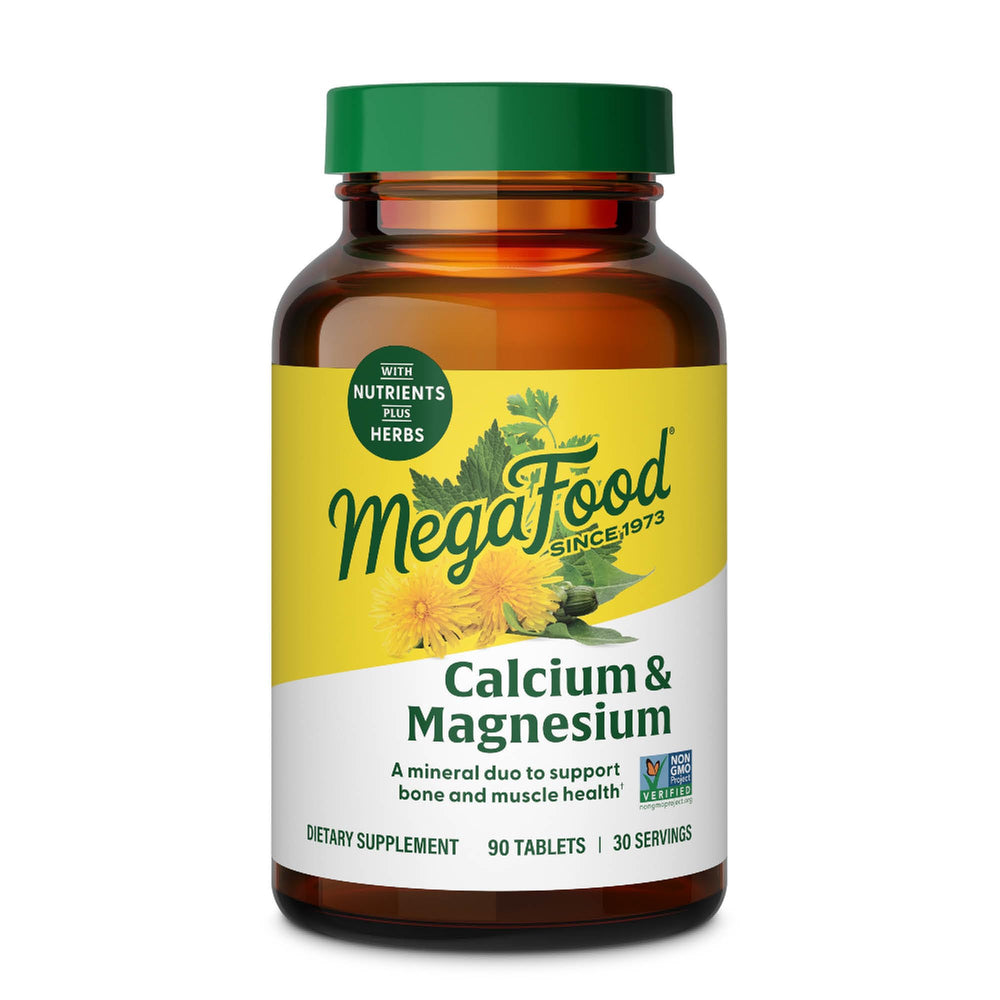 MegaFood Calcium & Magnesium bottle front highlights vegan, allergen-free formula for bone and muscle support.