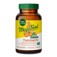 MegaFood fast-acting turmeric capsules bottle front shows convenient joint support