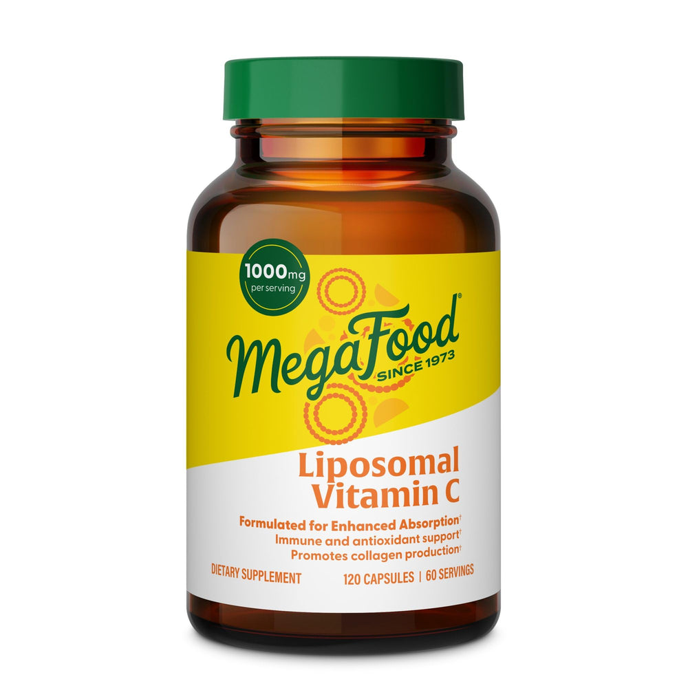 MegaFood Liposomal Vitamin C bottle with label highlighting high potency immune support