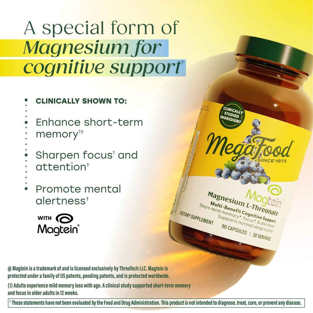 MegaFood Magtein ingredients with blueberries signaling natural antioxidants.