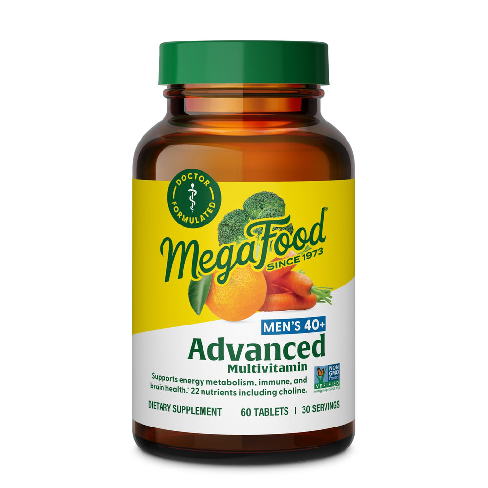 MegaFood Men's 40+ advanced multivitamin bottle supports daily wellness and energy.