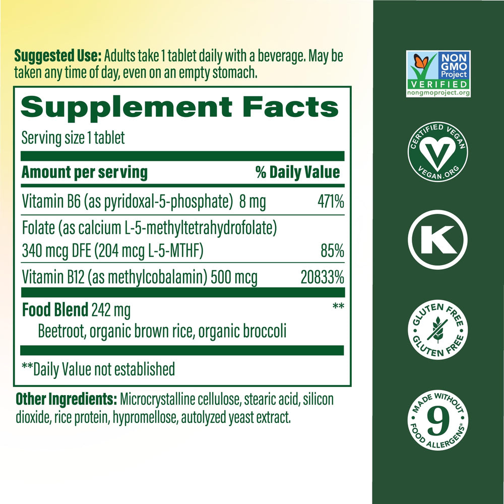 MegaFood Methyl B12 vegan bottle back lists ingredients and allergen info.