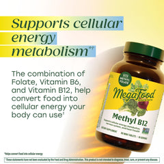 MegaFood Methyl B12 vegan tablets close-up shows compact daily-use pills.