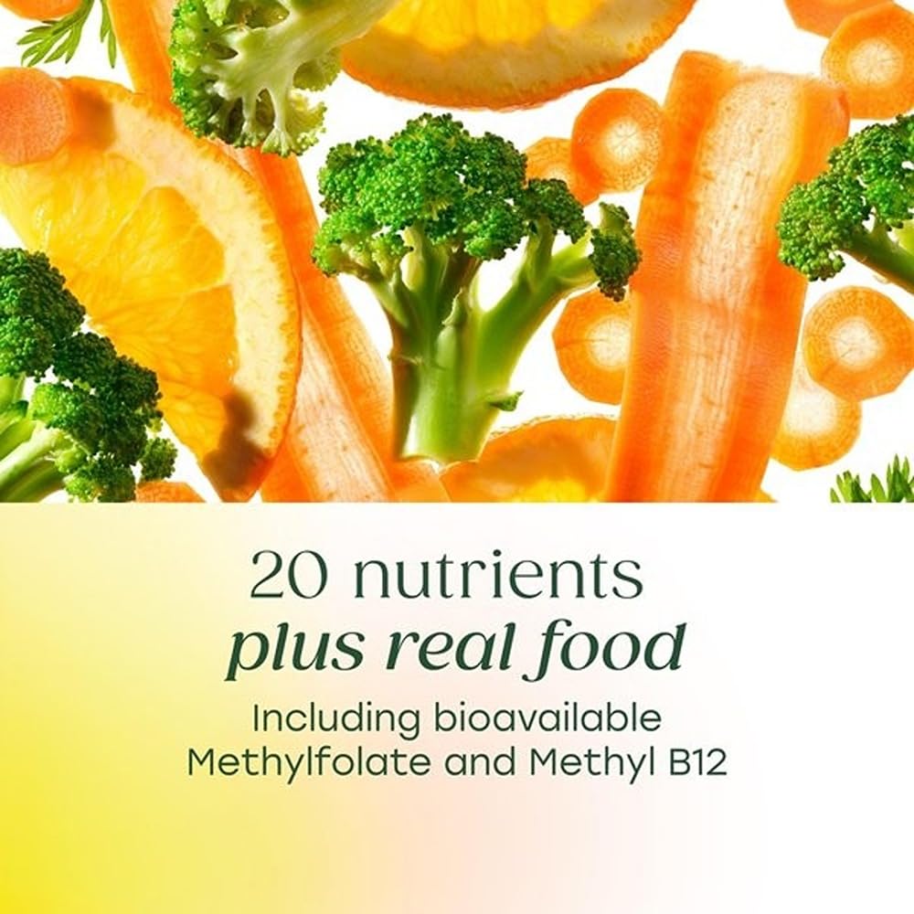 Real Food ingredients like broccoli, carrots, and oranges in the formula
