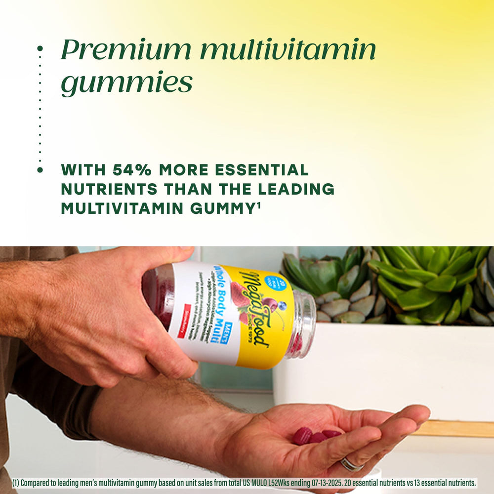 MegaFood nutrient complex close-up shows 20-plus nutrients for balanced support.
