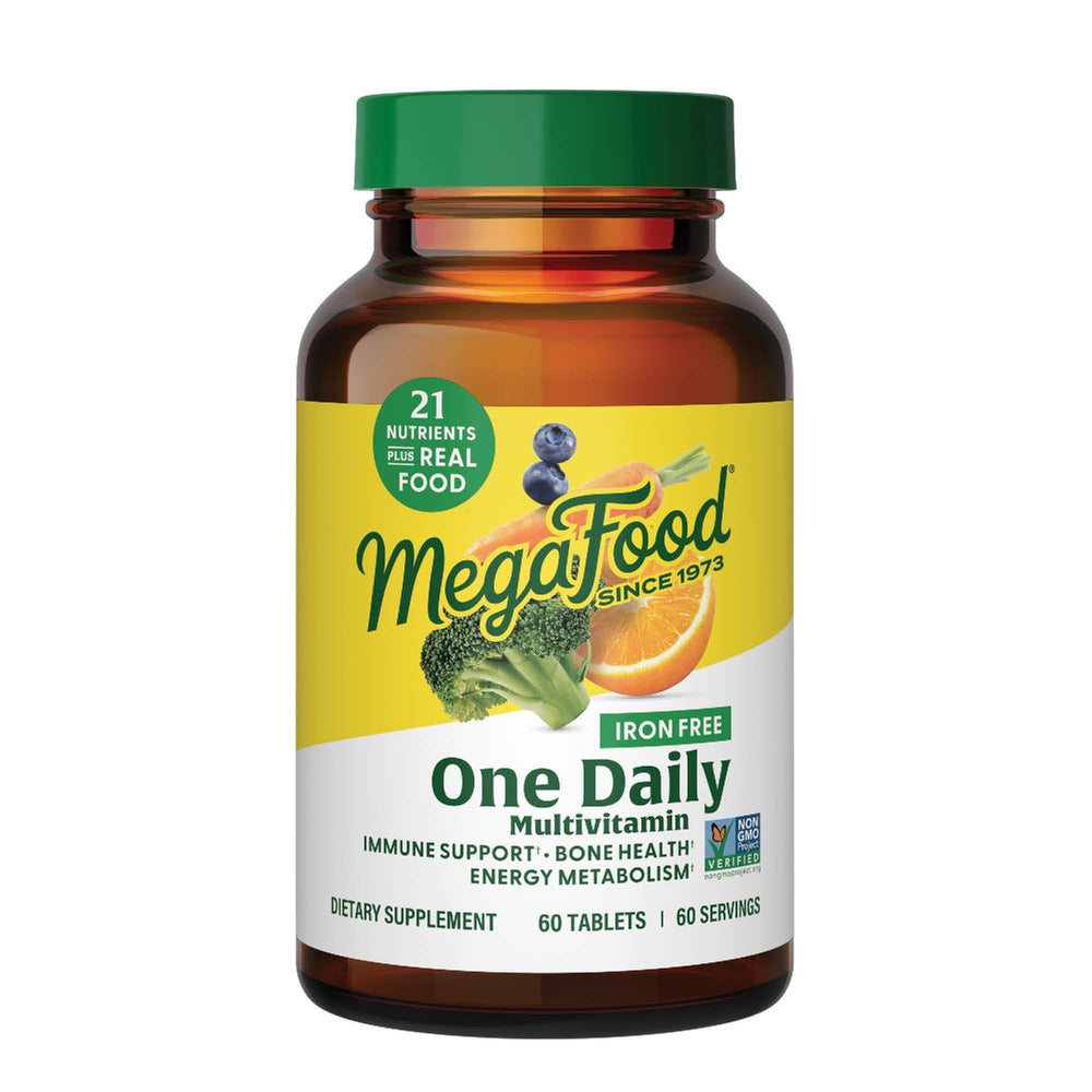 MegaFood One Daily Iron Free bottle on a clean countertop for easy daily use.