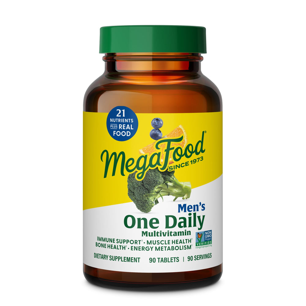 MegaFood One Daily Men's Multivitamin bottle front with label and serving information.