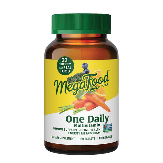 MegaFood One Daily bottle pouring tablets for easy daily use.