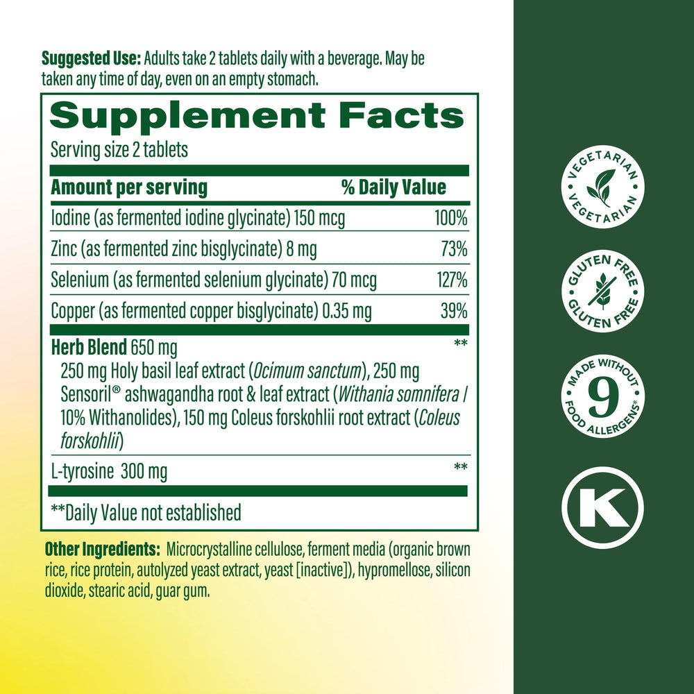 MegaFood Thyroid Strength bottle back with supplement details and minerals.