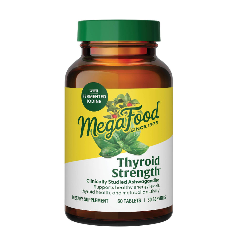 MegaFood Thyroid Strength bottle front showing vegetarian thyroid support.