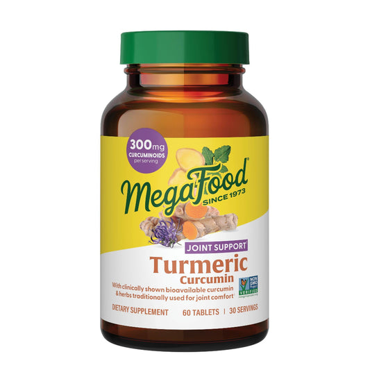 MegaFood Turmeric Curcumin bottle shows dosage for daily joint support.
