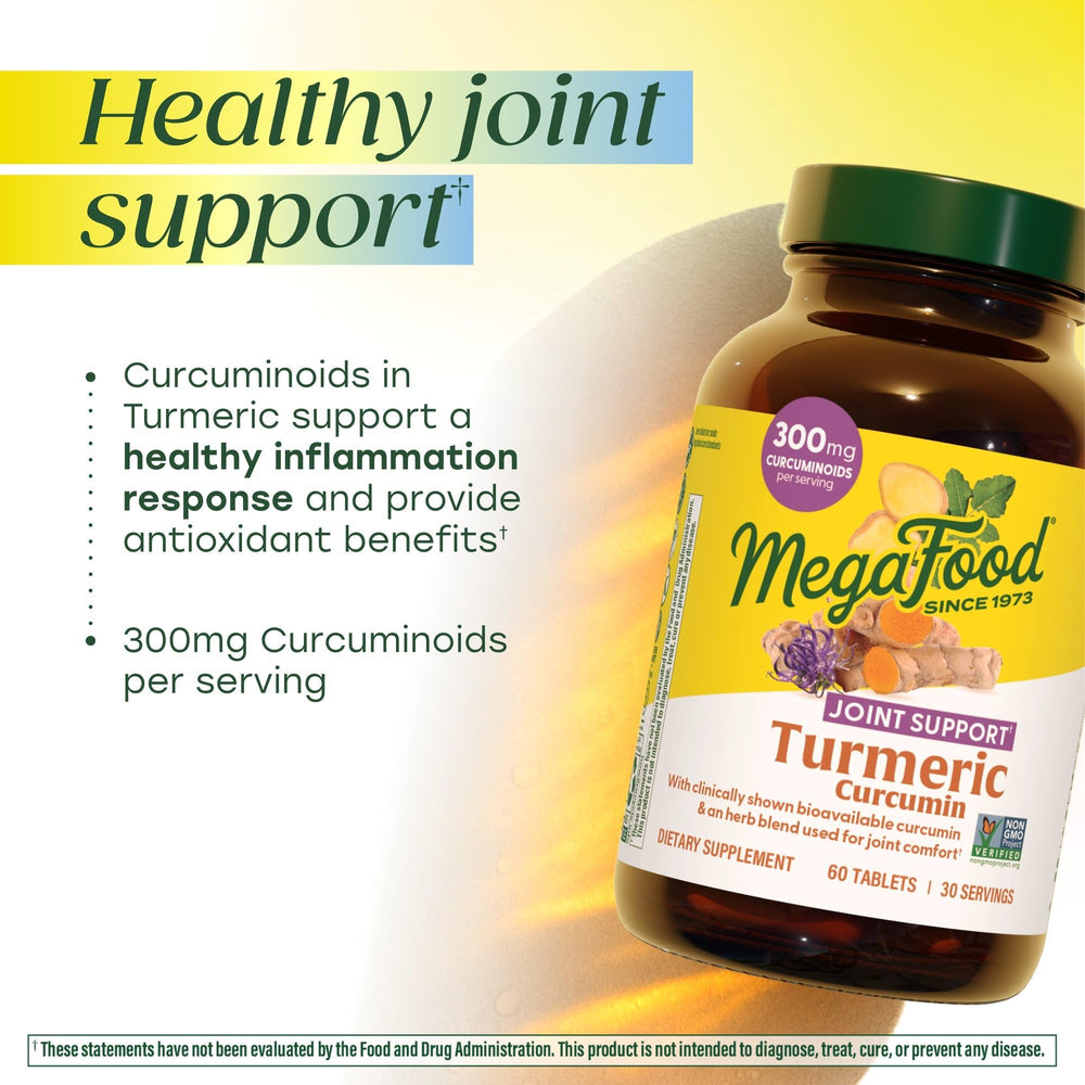 MegaFood Turmeric Curcumin label highlights BioPerine and clean ingredients.